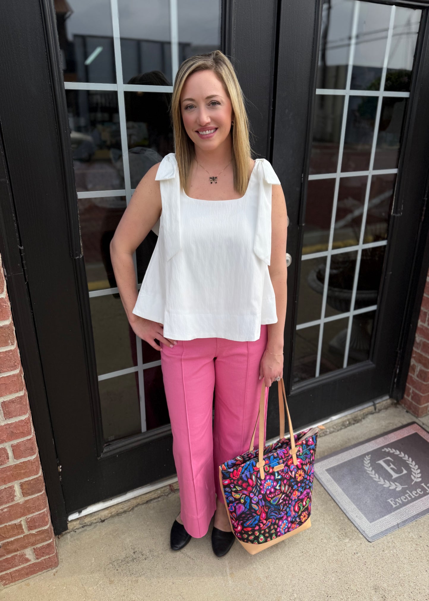 Poppy Pink MR Ankle Length Pants, lightweight woven fabric, available in sizes XS-XL.