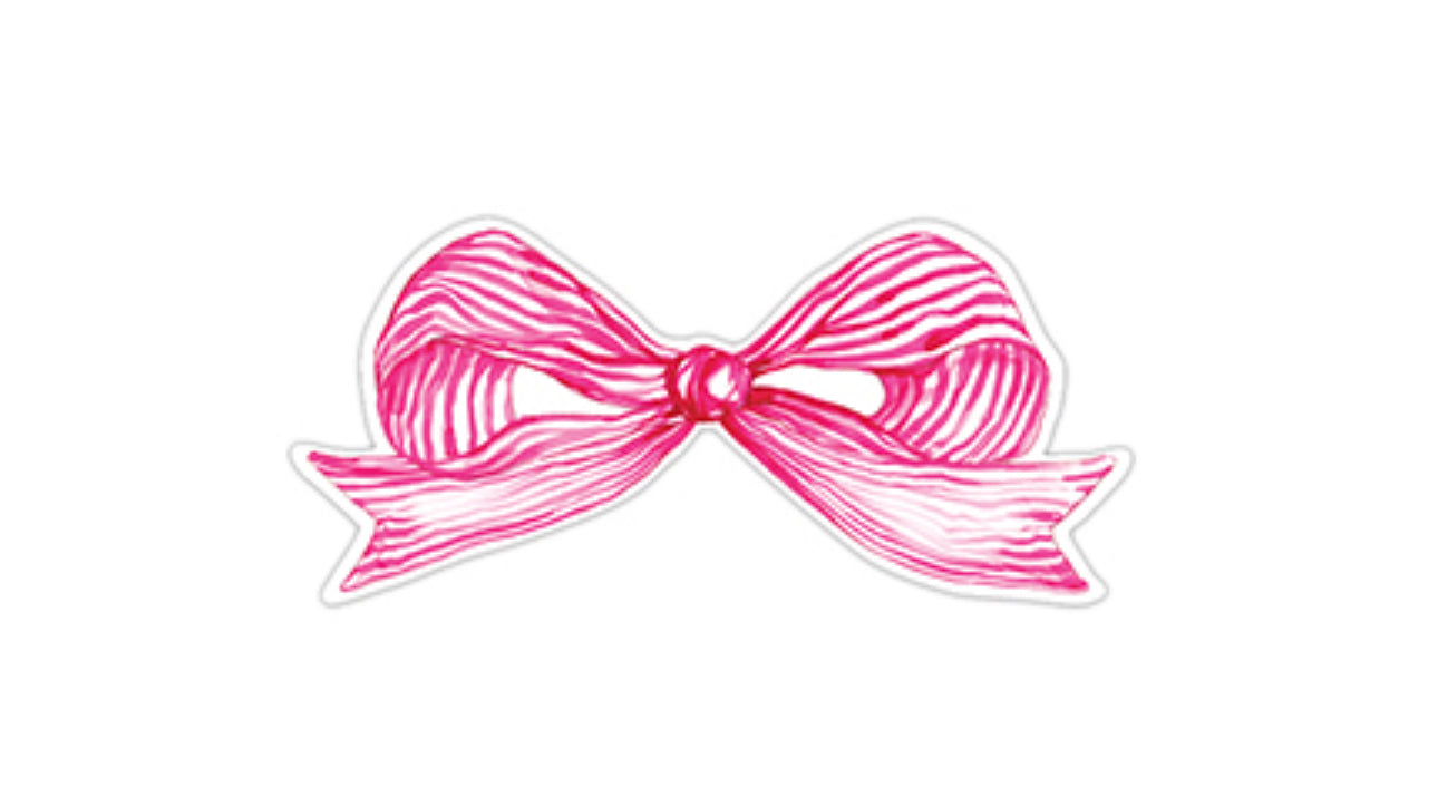 The Die Cut Accents showcase a hand-drawn pink bow with detailed lines, two symmetrical loops, and two tails. Available sizes: 2" x 3", 4" x 6".