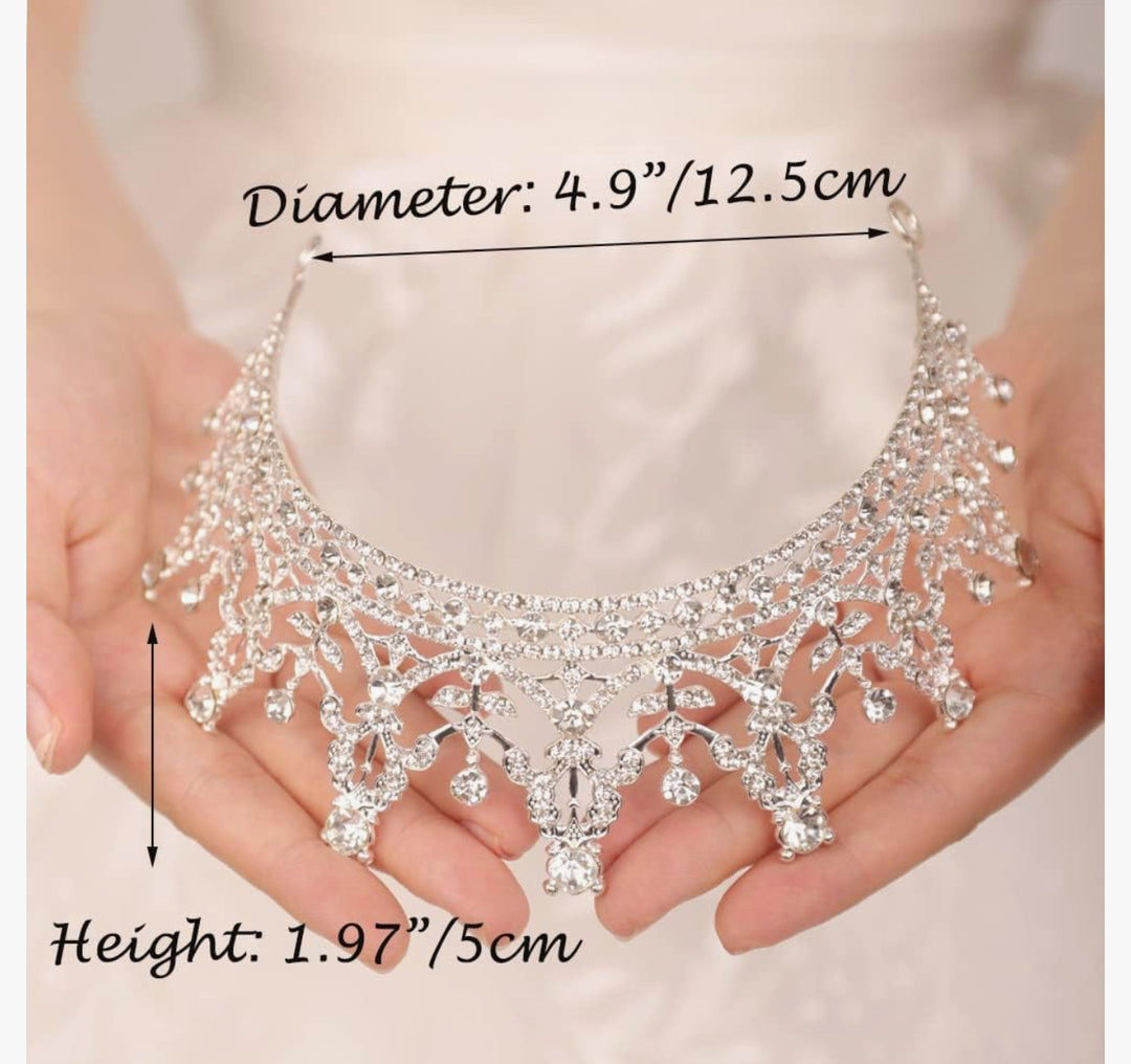 Bridal Rhinestone Crown, 4.9 in (12.5 cm) diameter, 1.97 in (5 cm) height—ideal bridal hair accessory, available in one size.