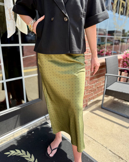 Polka Dot Satin Skirt, available in sizes XS–XL.