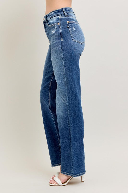 Judy Blue 90’s HW Straight Leg Jeans—high-waisted, roomy, slightly distressed; available in sizes 24–32.