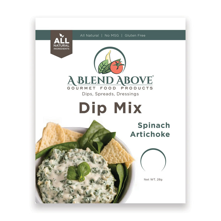 A package of A Blend Above Spinach Artichoke Dip Mix, labeled all natural, gluten free, and no MSG. Size options not shown.