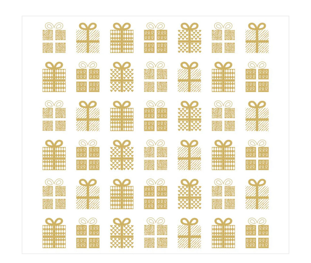 Holiday napkins with a repeating gold gift box pattern on 3-ply paper.