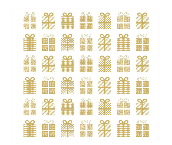 Holiday napkins with a repeating gold gift box pattern on 3-ply paper.
