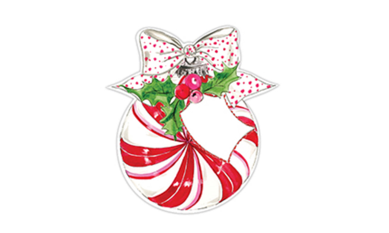 Die Cut Accents: Festive Christmas ornament design with red and white candy cane swirl, adorned with a white bow with red polka dots, green holly leaves, and red berries. Sizes available: Standard.