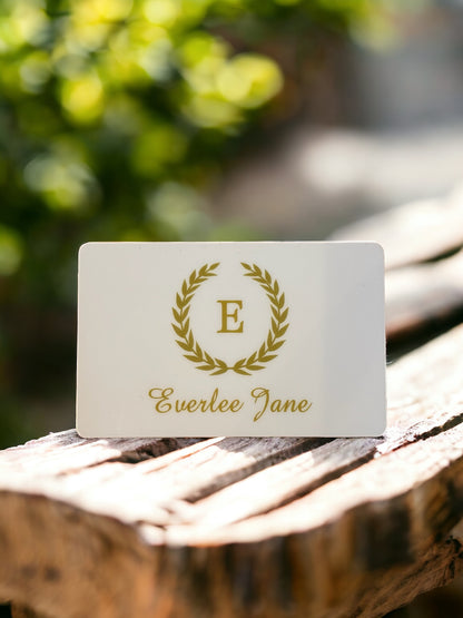 Everlee Jane Gift Card with gold laurel wreath around an "E" and "Everlee Jane" below. Available in multiple sizes.