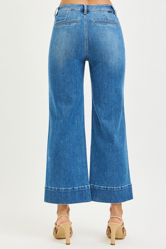 Risen High Rise Crop Wide Pintuck Jeans; available in sizes 24-32.