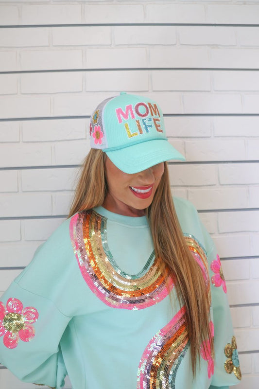 Simply Southern Sequin Hat with "MOM LIFE" in pastels, adjustable fit. Available in one size fits most.