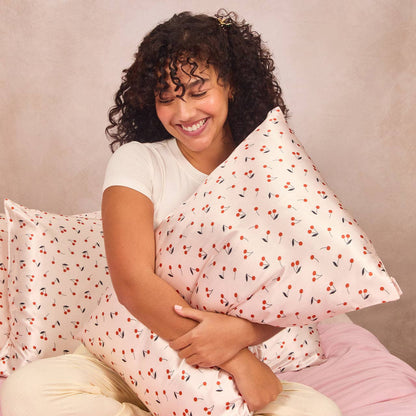 Satin Pillowcase Standard - Cherry Print, available in standard size. Designed to help reduce hair breakage.