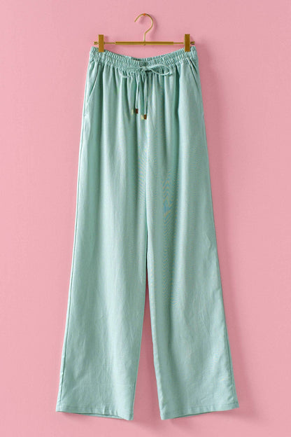 Mint Jelly Linen Blend Wide Leg Drawstring Pants with elastic waistband. Available in sizes XS-XL.