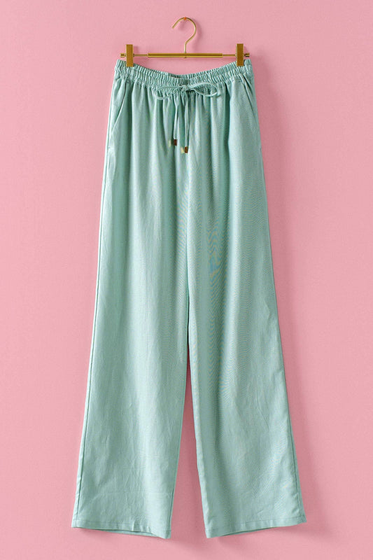Mint Jelly Linen Blend Wide Leg Drawstring Pants with elastic waistband. Available in sizes XS-XL.