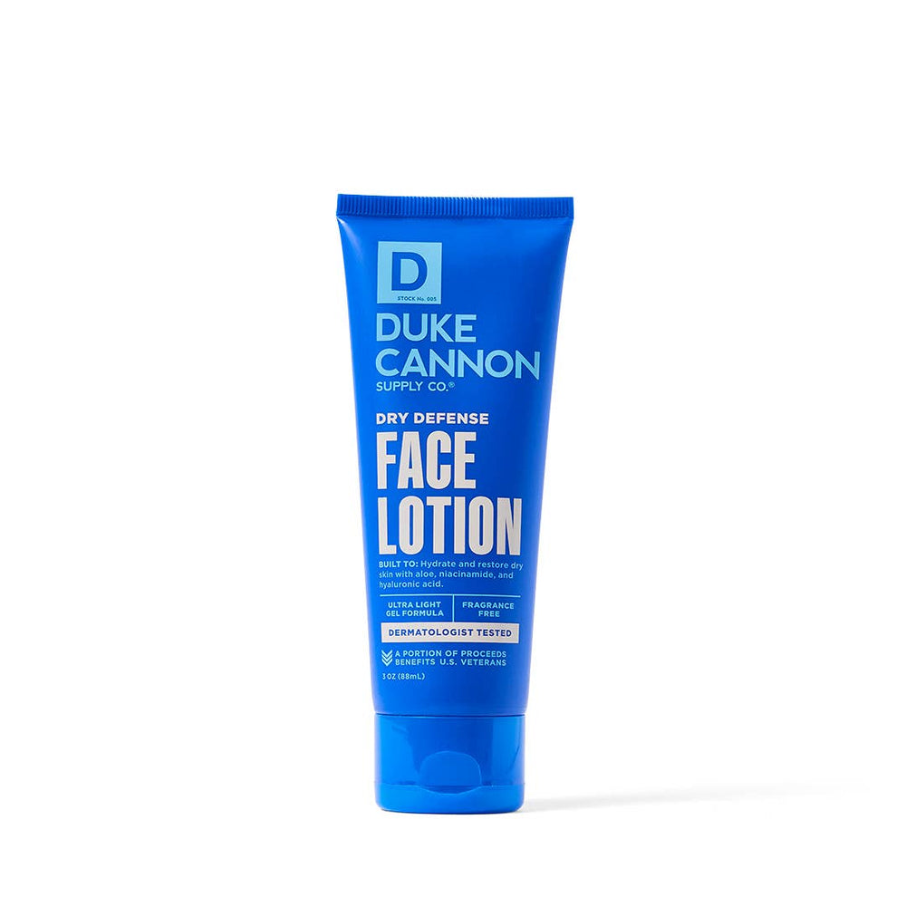 Blue tube of Dry Defense Face Lotion, moisturizer for dry skin, fragrance free, USA made. Available in 1.7 oz and 3 oz sizes.