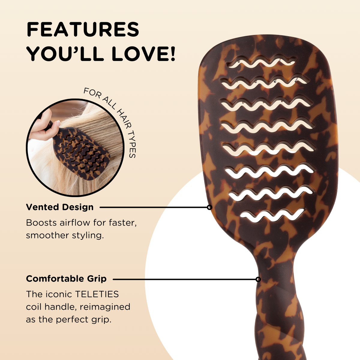 The Vented Hair Brush | Tortoise is shown with a brown patterned design, vented airflow, comfortable coil grip, and quick-heat aluminum plate for blowouts. Available in multiple sizes.