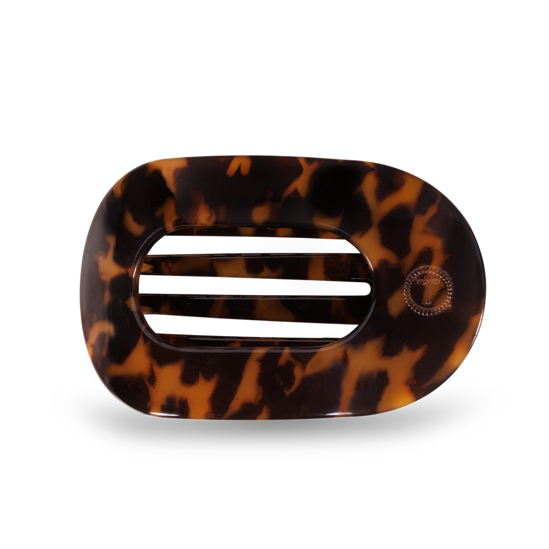 TELETIES Flat Round Hair Clip with brown tortoiseshell pattern, rectangular, unbreakable. Available in small and large sizes.
