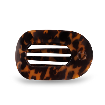 TELETIES Flat Round Hair Clip with brown tortoiseshell pattern, rectangular, unbreakable. Available in small and large sizes.