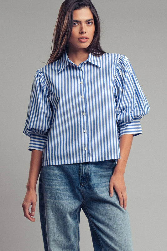 Western Boho Drop Waist Blue Stripe Blouse with puffed sleeves. Available in sizes XS–XL.