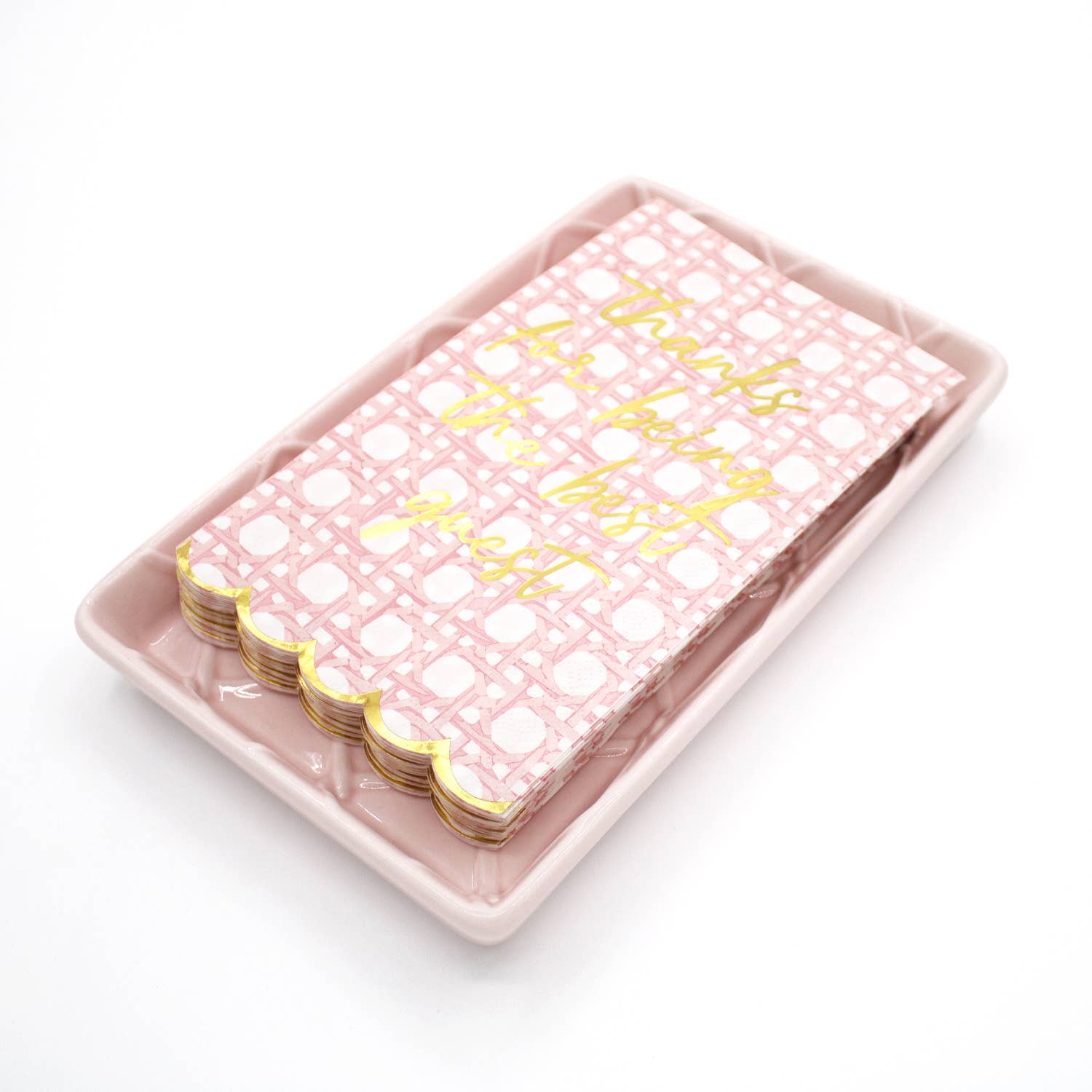 Pink textured towel tray with pink, gold-edged guest napkins, “Thanks for being the best guest” text. Size: 9"x5".