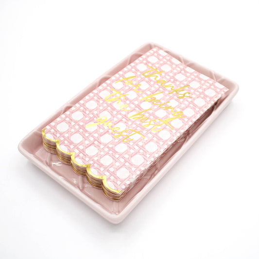 Pink textured towel tray with pink, gold-edged guest napkins, “Thanks for being the best guest” text. Size: 9"x5".