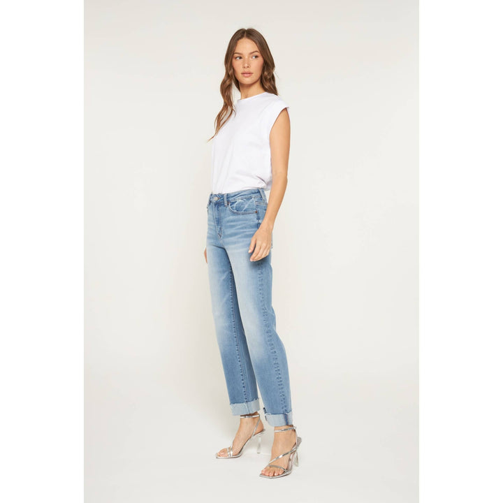 High-rise straight-leg blue jeans with a wide cuffed hem in Queen Blue, size 30.