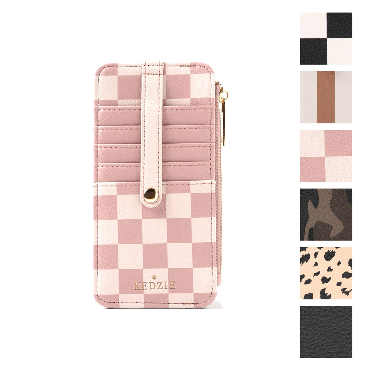 Kedzie Essentials Only Zippered Wallet Open Stock: Amalfi in pink and white checkered vegan leather with strap. Compact card holder available; sizes include standard wallet dimensions.