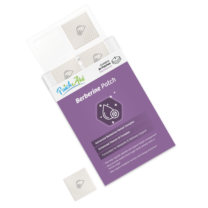 A Berberine Patch – GLP-1 Support &amp; Appetite Control box with a purple label, two small square patches, highlighting plant-based herbal complex and added vitamins. Size options available.