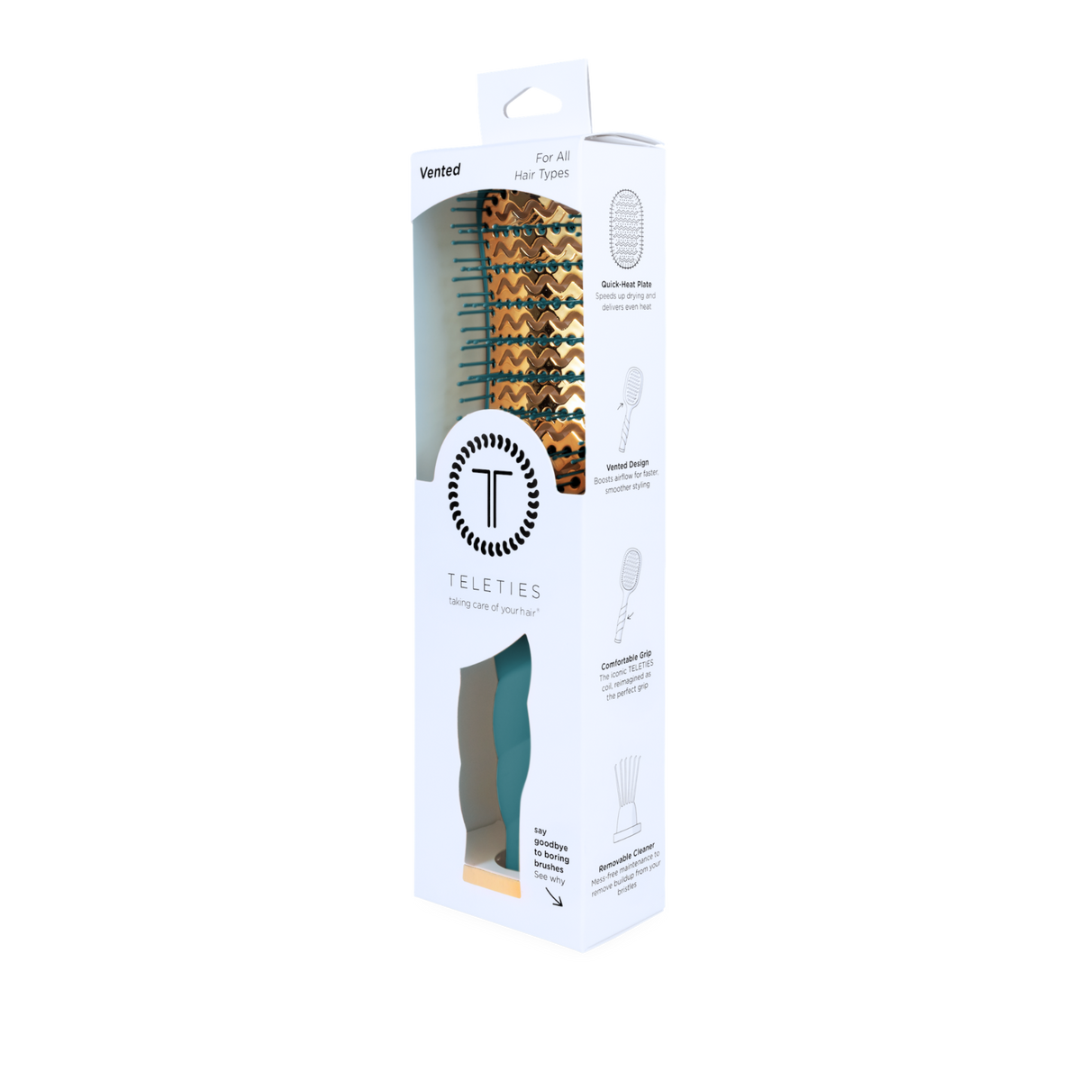 Boxed “Vented Hair Brush - Teal With It” with a teal handle and patterned, anti-static bristles, visible through a circular cutout. Available in standard size.