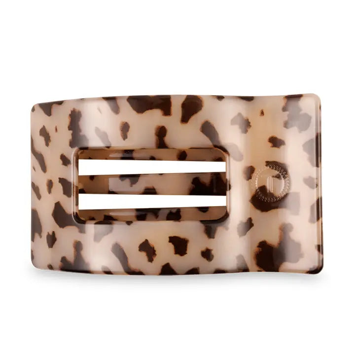 TELETIES Flat Rectangle Hair Clip, beige and brown tortoiseshell, two center cutouts. Available in small and large sizes.