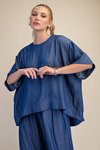 Indigo Round Neck Band Oversize Shirt