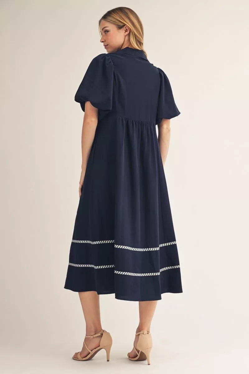 Dark Navy Stripe Contrast Midi Dress with white hem detailing. Available in sizes XS–XL.
