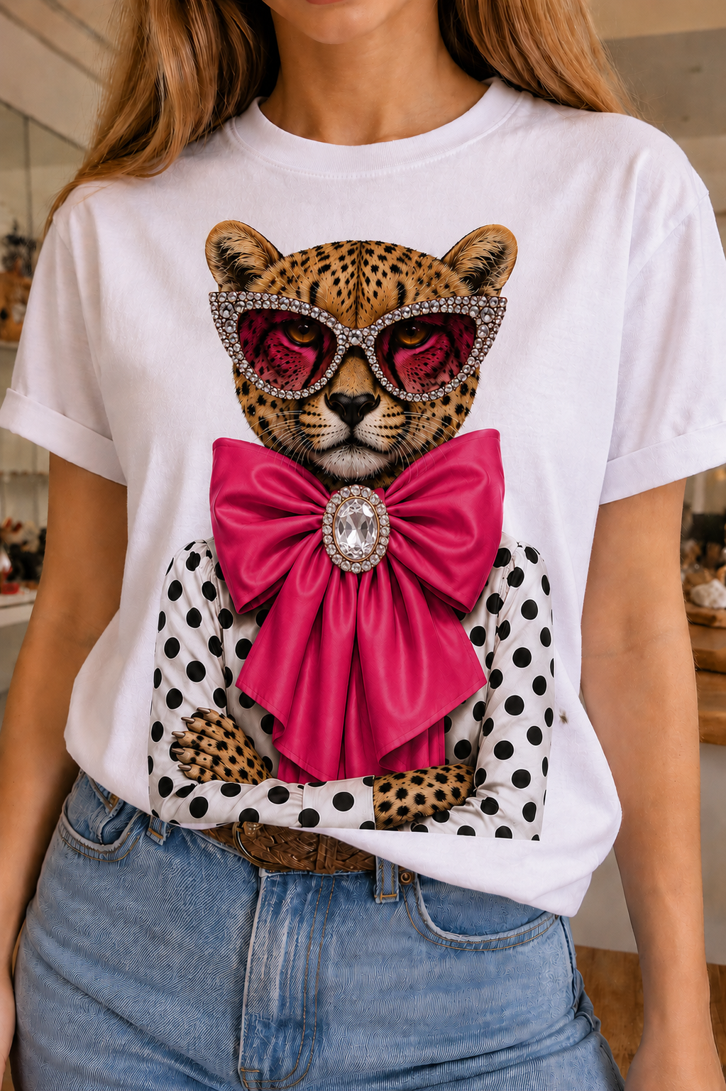 Pink Bow Leopard on White Crew: No Thanks" T-shirt features a playful pink bow leopard graphic with red sunglasses, polka-dot sleeve details, and a sparkling rhinestone brooch. Available in sizes including M.