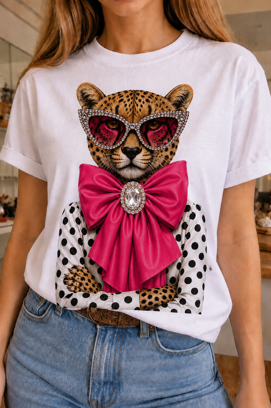 Pink Bow Leopard on White Crew: No Thanks" T-shirt features a playful pink bow leopard graphic with red sunglasses, polka-dot sleeve details, and a sparkling rhinestone brooch. Available in sizes including M.