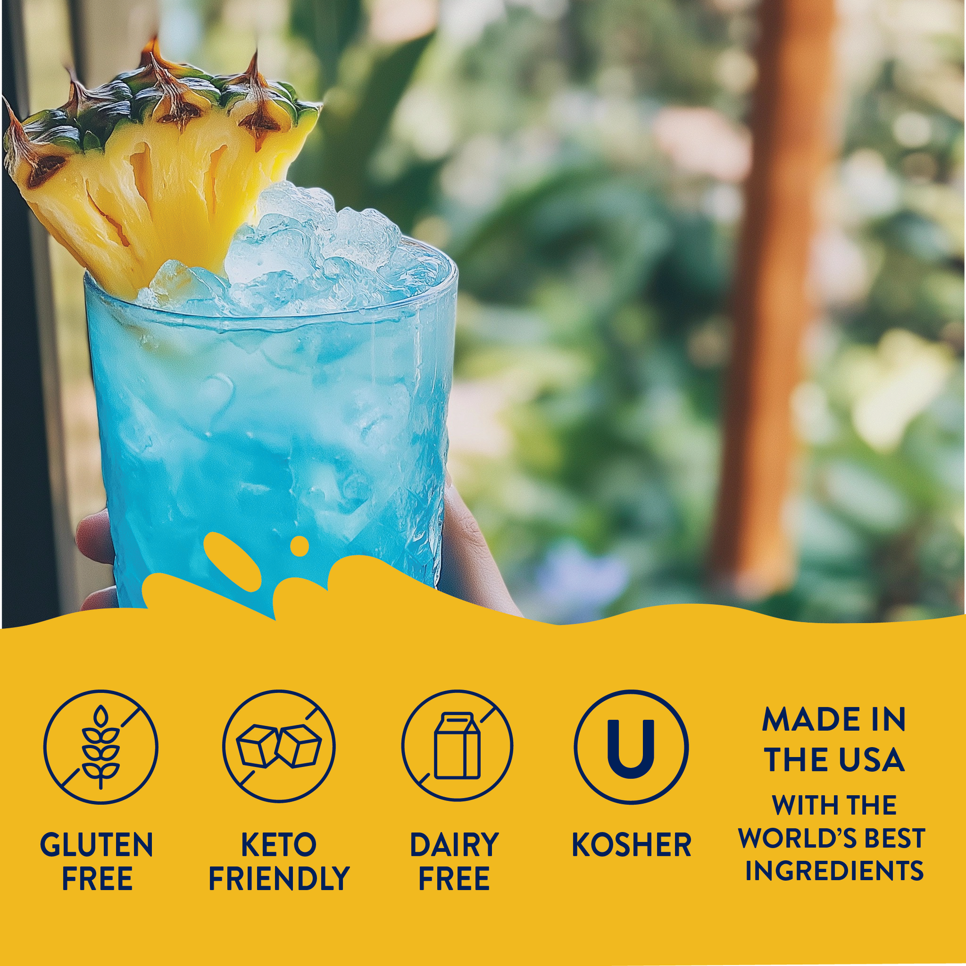 Flavor Burst - Sugar Free Mermaid™ blue tropical drink with ice and pineapple; gluten free, keto, dairy free, kosher, zero calorie. Sizes: S-L.