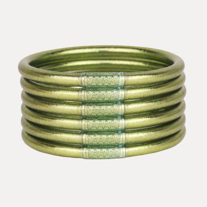 The Limon All Weather Bangles® (AWB®) Set of 6; shiny, textured, patterned centers. Available in multiple sizes.