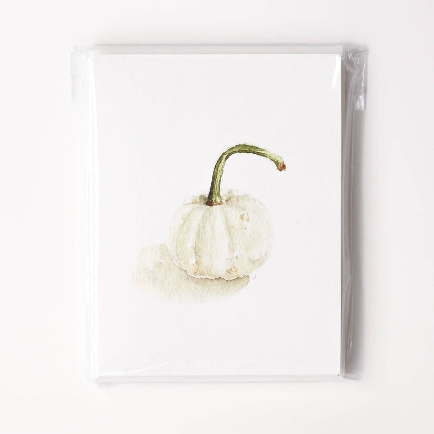 White notecard featuring a watercolor small white pumpkin with green stem. Available sizes: 4″x6″, 5″x7″.