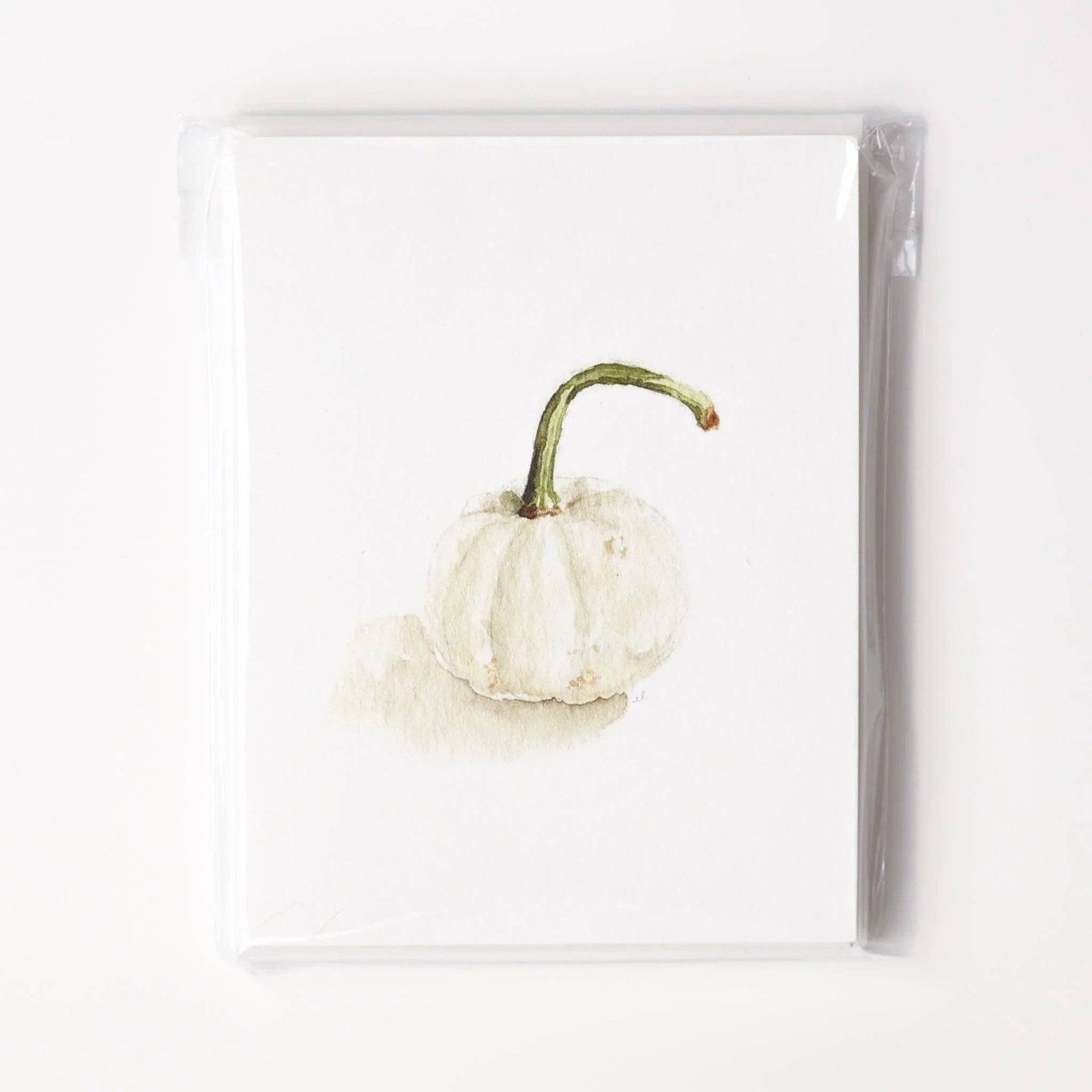White notecard featuring a watercolor small white pumpkin with green stem. Available sizes: 4″x6″, 5″x7″.
