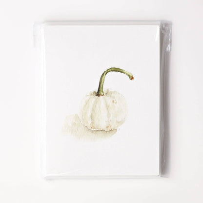 White notecard featuring a watercolor small white pumpkin with green stem. Available sizes: 4″x6″, 5″x7″.