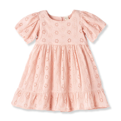 Light pink cotton dress for girls 0-6, with puff sleeves, knee-length, eyelet embroidery, ruffled hem, gathered waist.