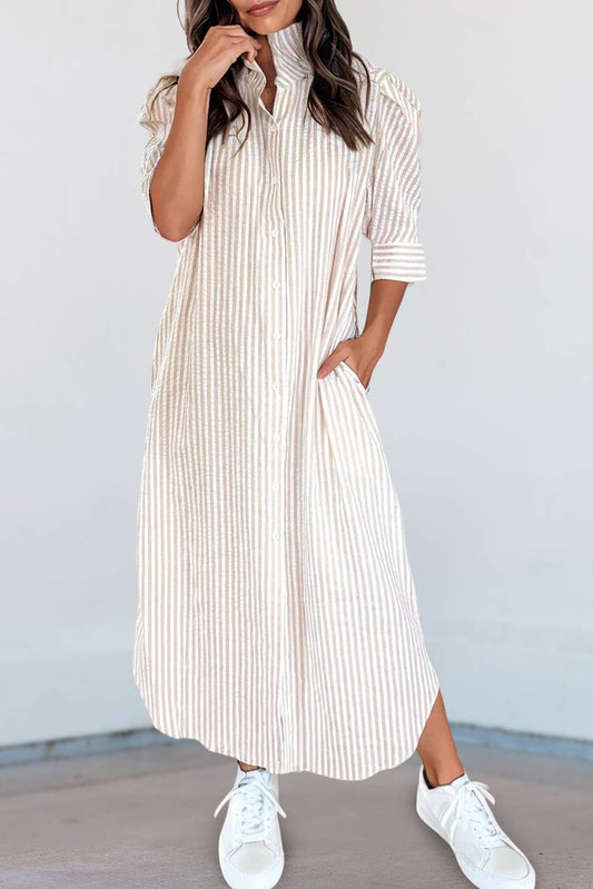Stripe Frilled Collar Half Sleeve Shirt Maxi Dress, beige and white vertical stripes. Available in sizes XS-XL.