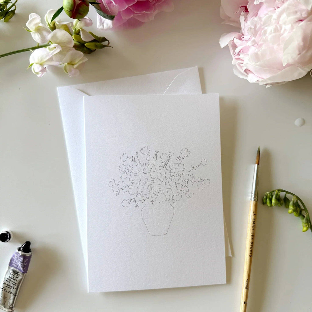Bouquets paintable watercolor notecard set with a card featuring a faint flower vase sketch. Available sizes: standard A2.