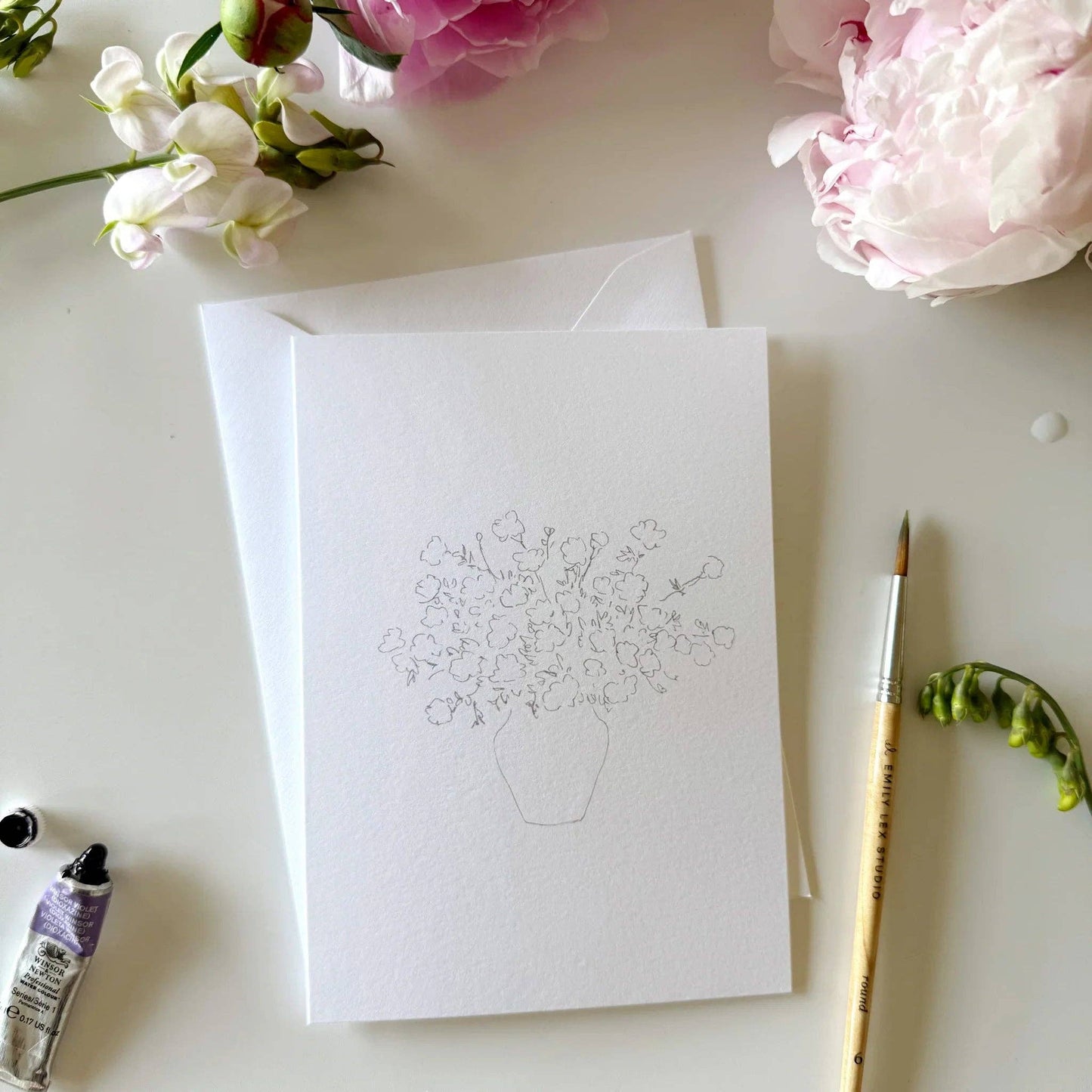 Bouquets paintable watercolor notecard set with a card featuring a faint flower vase sketch. Available sizes: standard A2.