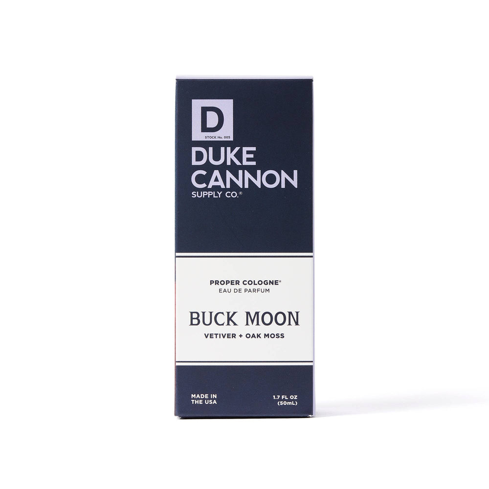 Proper Cologne Buck Moon men's fragrance, vetiver oakmoss scent, dark blue and white box. Available in 50ml size.