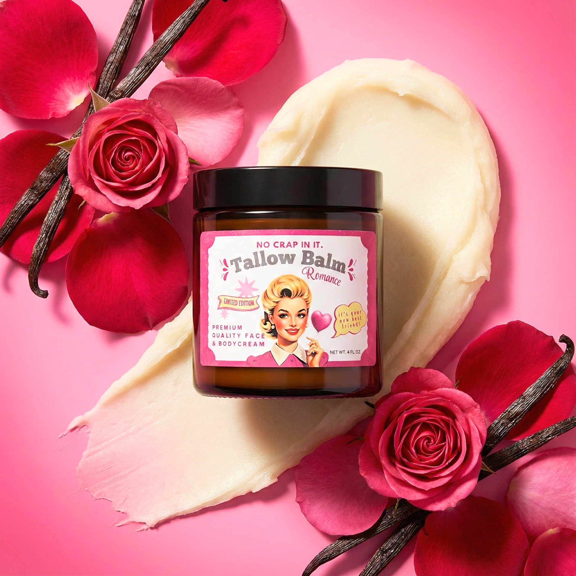Romance Tallow Balm with vintage-style label and bold lettering. Shown in jar; available in multiple sizes.