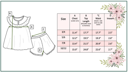 Illustrated size chart showing chest, top length, waist, and inseam for Kids Dark Jean Flower Ruffle Short Set in sizes 3/4–10/12.