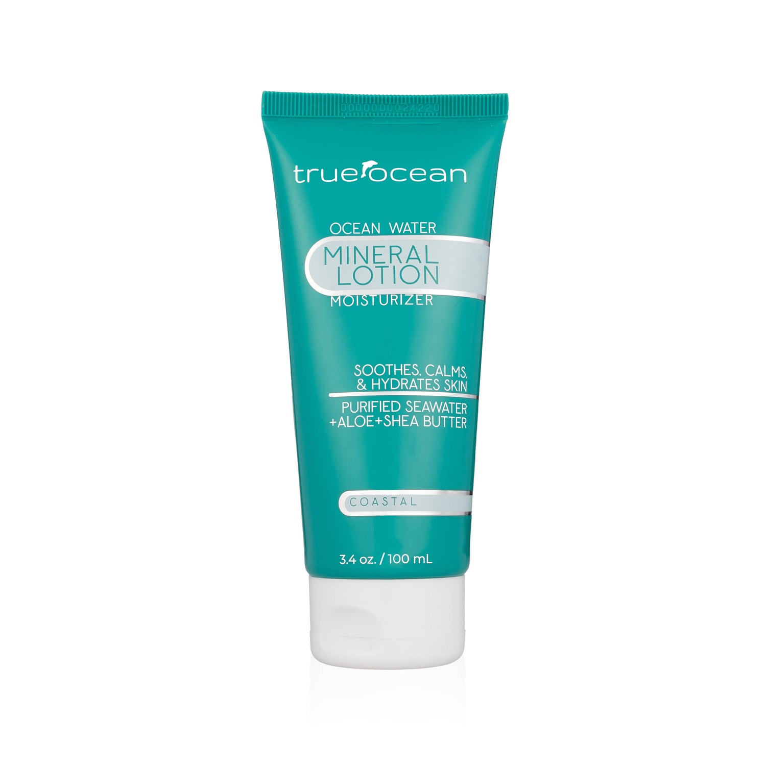 3.4oz teal tube of True Ocean Mineral Lotion with ocean minerals, aloe, and shea butter; soothes and hydrates skin.