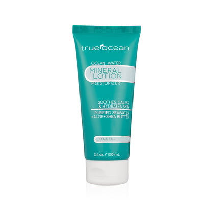 3.4oz teal tube of True Ocean Mineral Lotion with ocean minerals, aloe, and shea butter; soothes and hydrates skin.