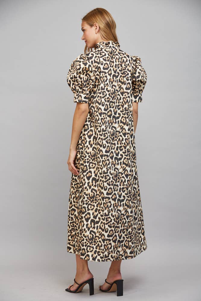Ivory multi animal print midi dress with ruffled high neckline, short puff sleeves, and button-down back. Size S.