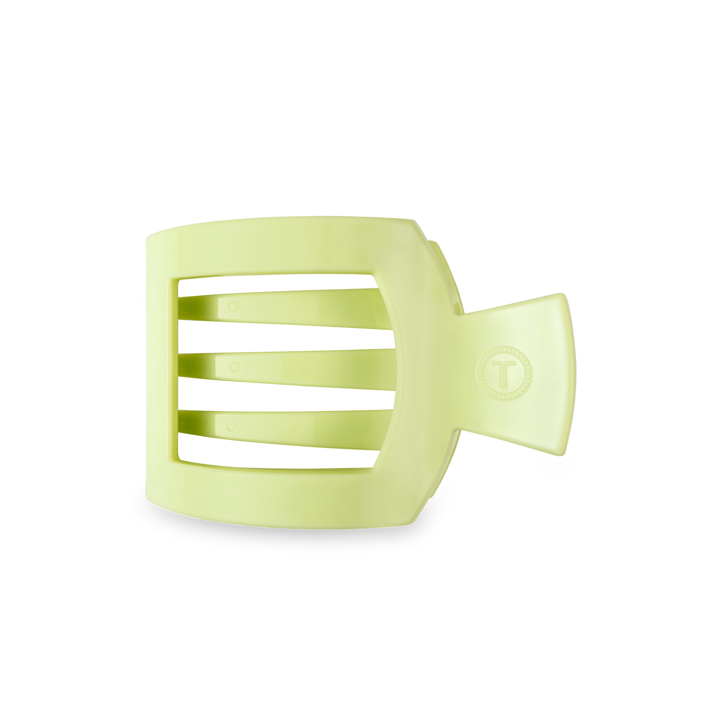 The TELETIES Square Flat Hair Clip in lime green has a rectangular, slotted design for a strong grip. Available sizes: Small, Large.