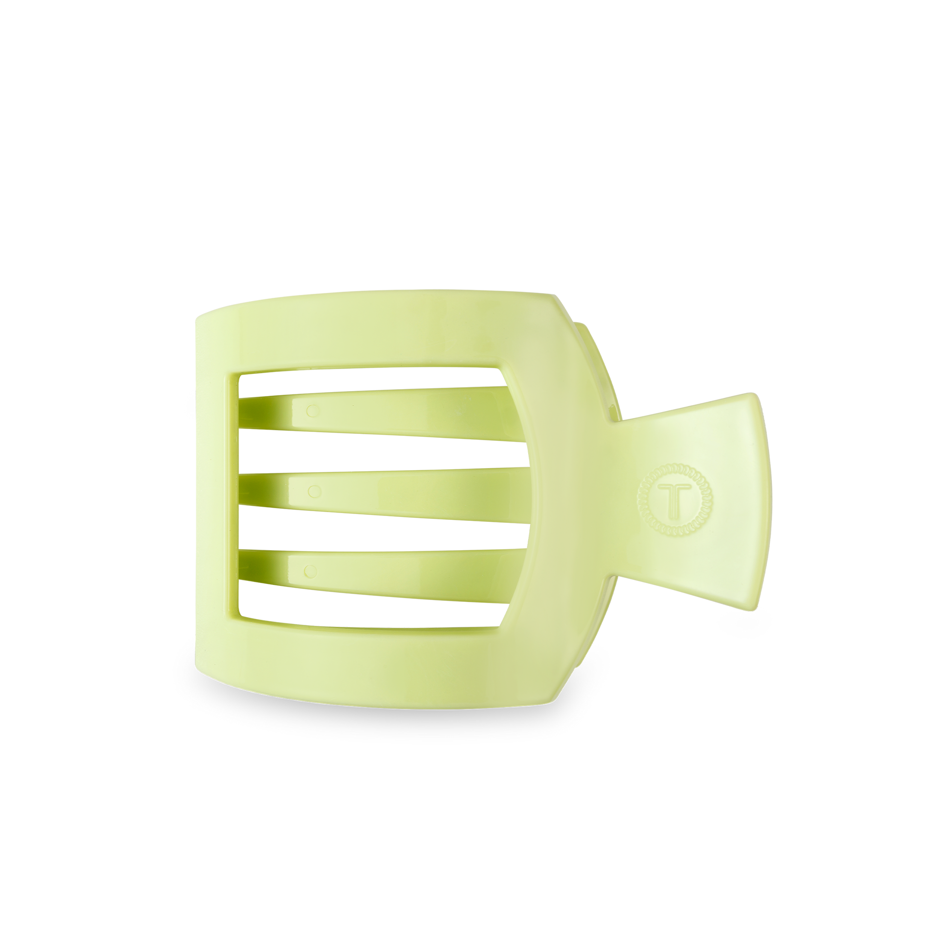The TELETIES Square Flat Hair Clip in lime green has a rectangular, slotted design for a strong grip. Available sizes: Small, Large.