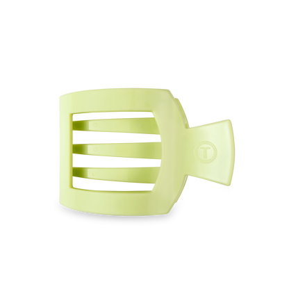 The TELETIES Square Flat Hair Clip in lime green has a rectangular, slotted design for a strong grip. Available sizes: Small, Large.