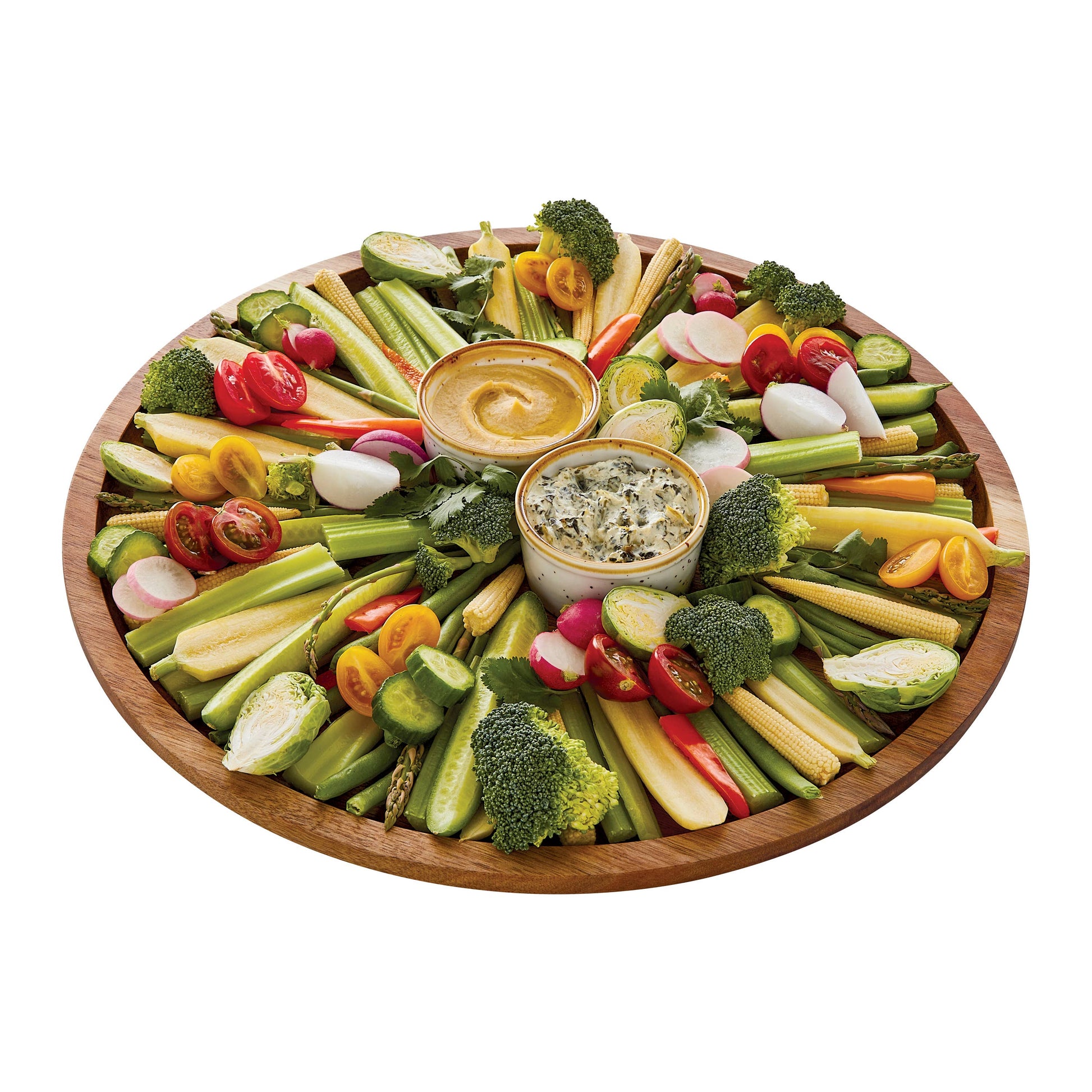 FW 14 ROUND MAKE AND TAKE- ACACIA 1 WHIT: round serving tray with two dip bowls. Available sizes: 14".